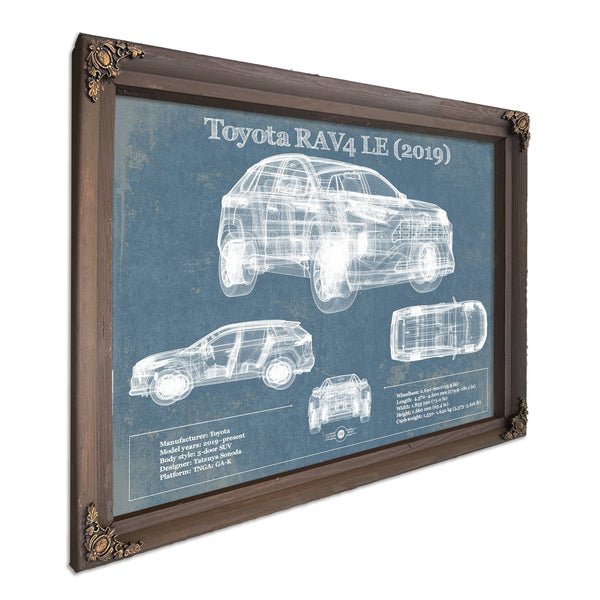 2019 Toyota RAV4 LE Blueprint Art Print in a Bourbon stained wood frame with antique gold corners
