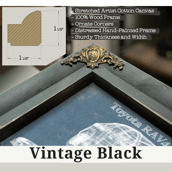 Vintage Black frame corner detail, 1.5 inch ornate wood moulding, 2019 Toyota RAV4 LE Blueprint Art Print