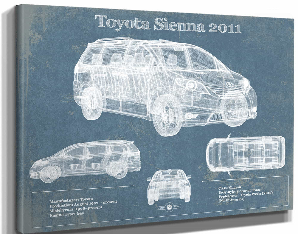 14" x 11" / Stretched Canvas Wrap Cutler West Toyota Sienna 2011 Blueprint Vintage Auto Print