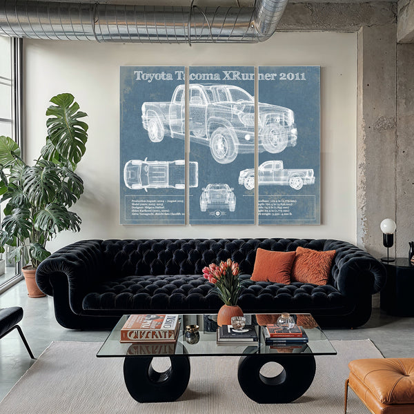 2011 Toyota Tacoma XRunner Blueprint Truck Print as a 3 panel canvas wrap in a modern living room
