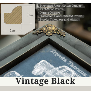 Vintage Black frame corner detail, 1.5 inch ornate wood moulding, 2011 Toyota Tacoma XRunner Blueprint Truck Print