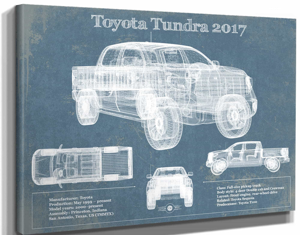 14" x 11" / Stretched Canvas Wrap Cutler West Toyota Tundra 2017 Vintage Blueprint Auto Print