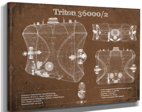 14" x 11" / Stretched Canvas Wrap Cutler West Triton 36000/2 Submarines Blueprint Patent Original Art