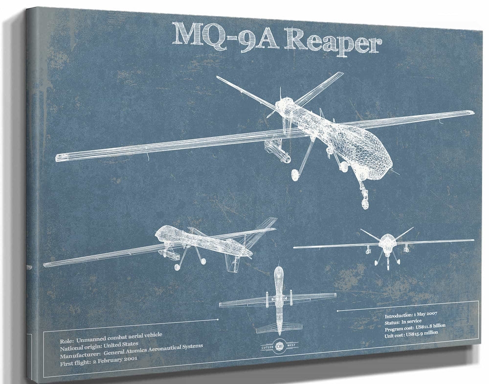 14" x 11" / Stretched Canvas Wrap Cutler West U.S. Air Force MQ-9A Reaper Vintage Aviation Blueprint Military Print