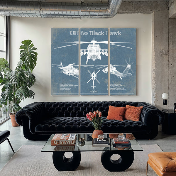 UH-60 Blackhawk Helicopter Print as a 3 panel canvas wrap in a modern living room