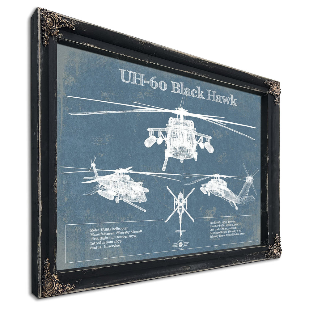 UH-60 Blackhawk Helicopter Print in a distressed Vintage Black wood frame with ornate corners