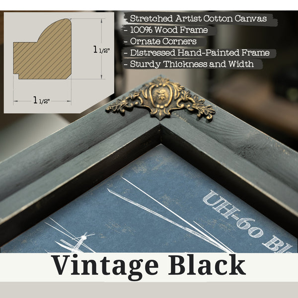 Vintage Black frame corner detail, 1.5 inch ornate wood moulding, UH-60 Blackhawk Helicopter Print
