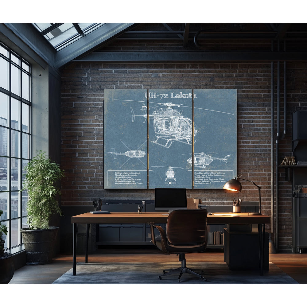 UH-72 Lakota Helicopter Blueprint Aircraft Print in a distressed Vintage Black wood frame with ornate corners