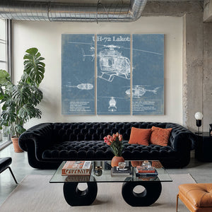 UH-72 Lakota Helicopter Blueprint Aircraft Print as a 3 panel canvas wrap in a modern living room