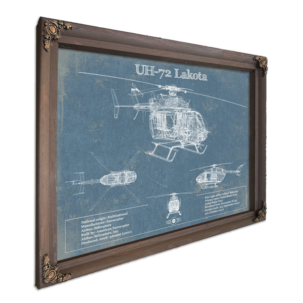 UH-72 Lakota Helicopter Blueprint Aircraft Print in a Bourbon stained wood frame with antique gold corners