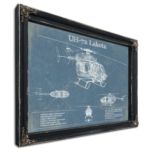 UH-72 Lakota Helicopter Blueprint Aircraft Print in a distressed Vintage Black wood frame with ornate corners
