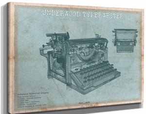 14" x 11" / Stretched Canvas Wrap Cutler West Underwood Typewriter - Vintage Writer Gift Blue Print
