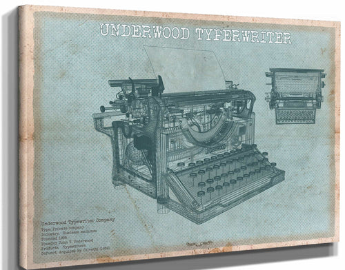 14" x 11" / Stretched Canvas Wrap Cutler West Underwood Typewriter - Vintage Writer Gift Blue Print