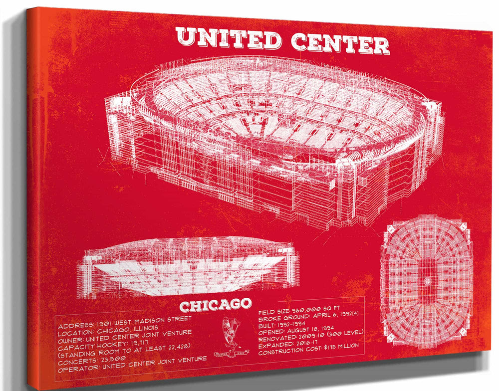 14" x 11" / Stretched Canvas Wrap Cutler West United Center - Chicago Blackhawks Team Colors Vintage Hockey Print