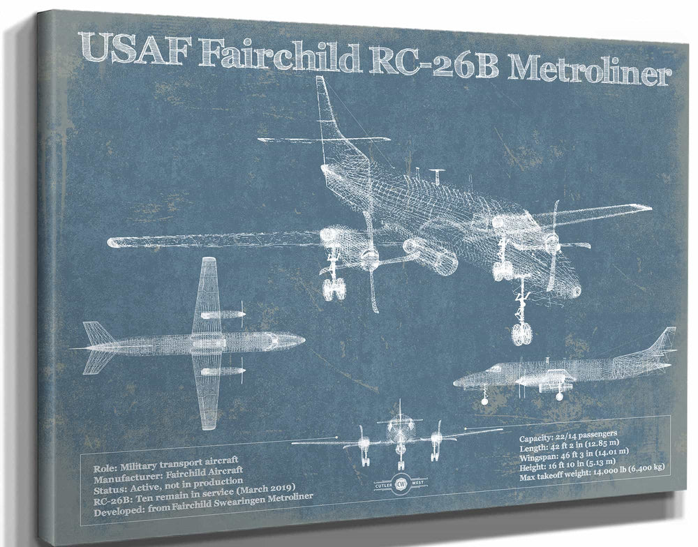 14" x 11" / Stretched Canvas Wrap Cutler West USAF Fairchild RC-26B Metroliner Vintage Blueprint Airplane Print