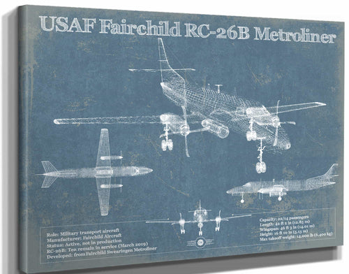14" x 11" / Stretched Canvas Wrap Cutler West USAF Fairchild RC-26B Metroliner Vintage Blueprint Airplane Print