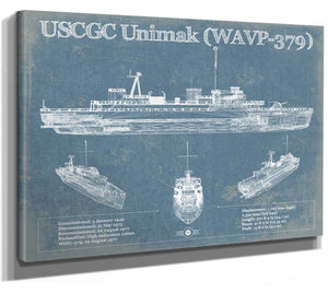 14" x 11" / Stretched Canvas Wrap Cutler West USCGC Unimak (WAVP-379) Blueprint Original Wall Art