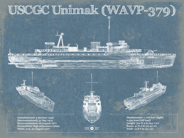 14" x 11" / Unframed Cutler West USCGC Unimak (WAVP-379) Blueprint Original Wall Art