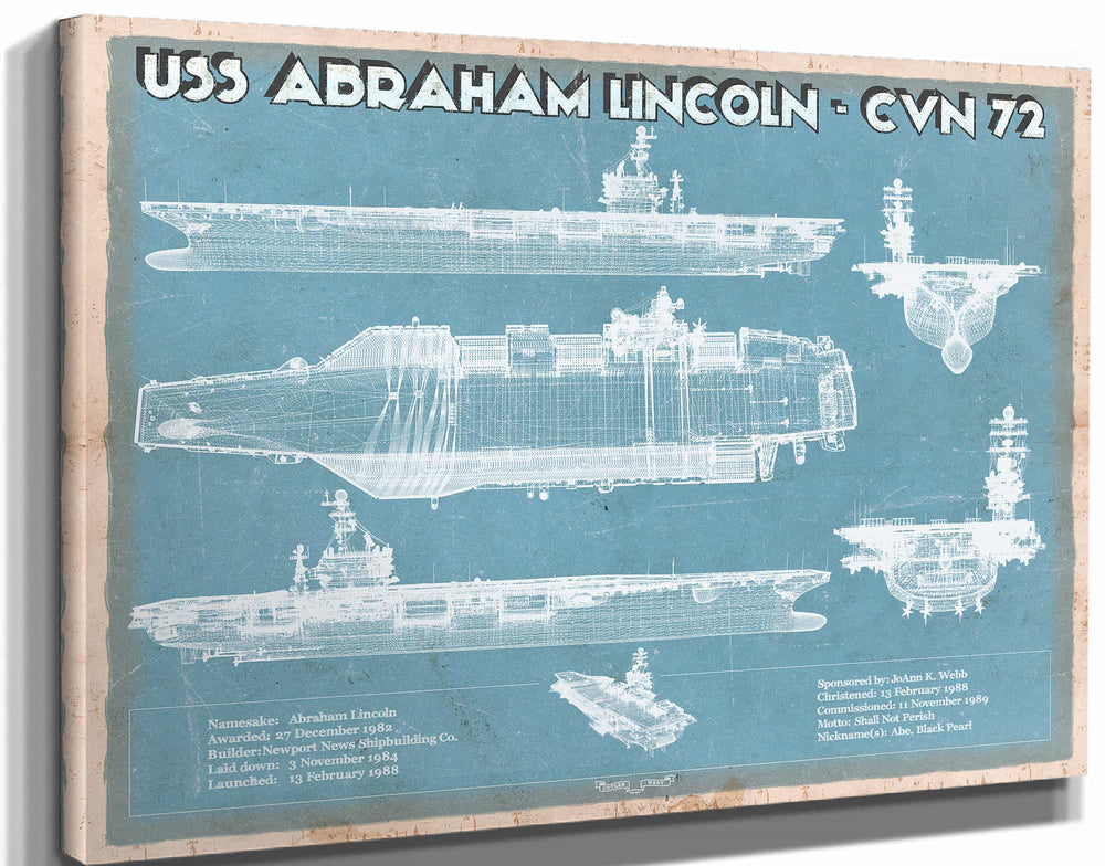 14" x 11" / Stretched Canvas Wrap Cutler West USS Abraham Lincoln (CVN 72) Aircraft Carrier Blueprint Original Military Wall Art - Customizable