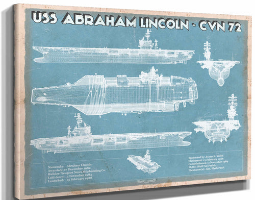 14" x 11" / Stretched Canvas Wrap Cutler West USS Abraham Lincoln (CVN 72) Aircraft Carrier Blueprint Original Military Wall Art - Customizable