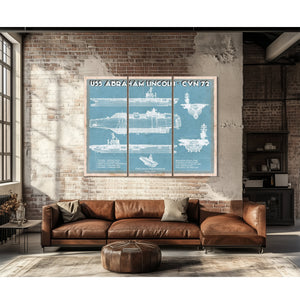 USS Abraham Lincoln (CVN 72) Aircraft Carrier Naval Print as a 3 panel canvas wrap above a leather sofa