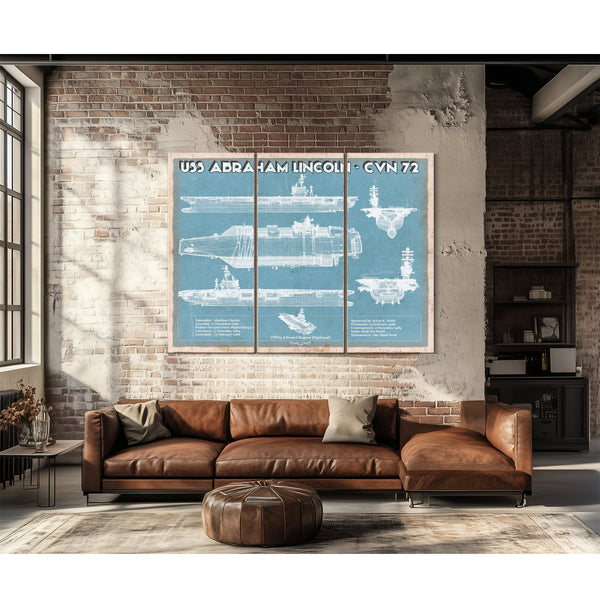USS Abraham Lincoln (CVN 72) Aircraft Carrier Naval Print as a 3 panel canvas wrap above a leather sofa