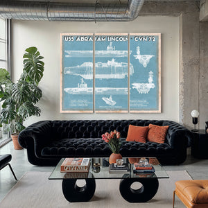 USS Abraham Lincoln (CVN 72) Aircraft Carrier Naval Print as a 3 panel canvas wrap in a modern living room