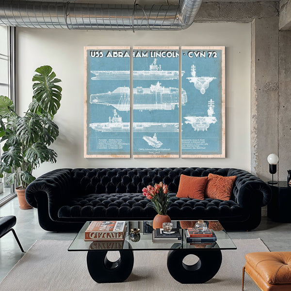 USS Abraham Lincoln (CVN 72) Aircraft Carrier Naval Print as a 3 panel canvas wrap in a modern living room