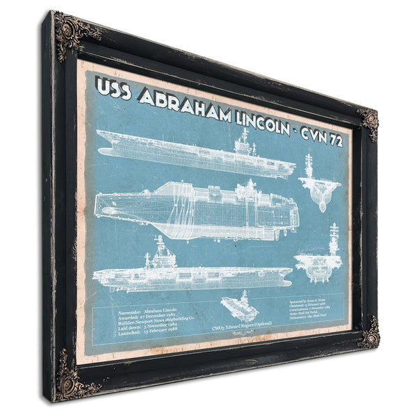 USS Abraham Lincoln (CVN 72) Aircraft Carrier Naval Print in a distressed Vintage Black wood frame with ornate corners