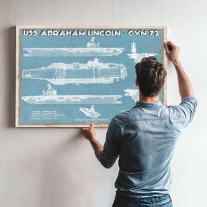 USS Abraham Lincoln (CVN 72) Aircraft Carrier Naval Print framed in Vintage Black above a mid-century record console