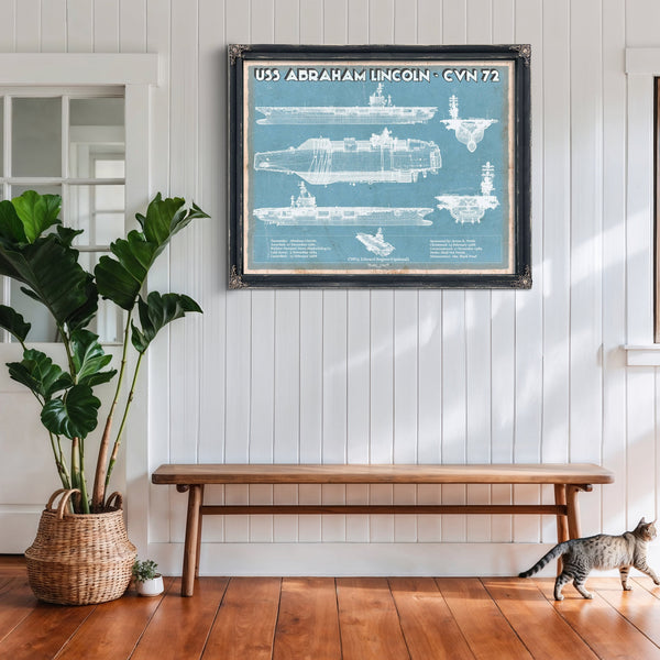 USS Abraham Lincoln (CVN 72) Aircraft Carrier Naval Print framed in Vintage Black above a rustic console table