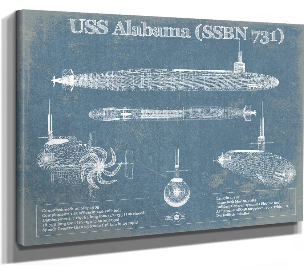 14" x 11" / Stretched Canvas Wrap Cutler West USS Alabama (SSBN-731) Blueprint Original Military Wall Art - Customizable
