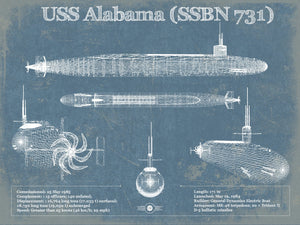 14" x 11" / Unframed Cutler West USS Alabama (SSBN-731) Blueprint Original Military Wall Art - Customizable