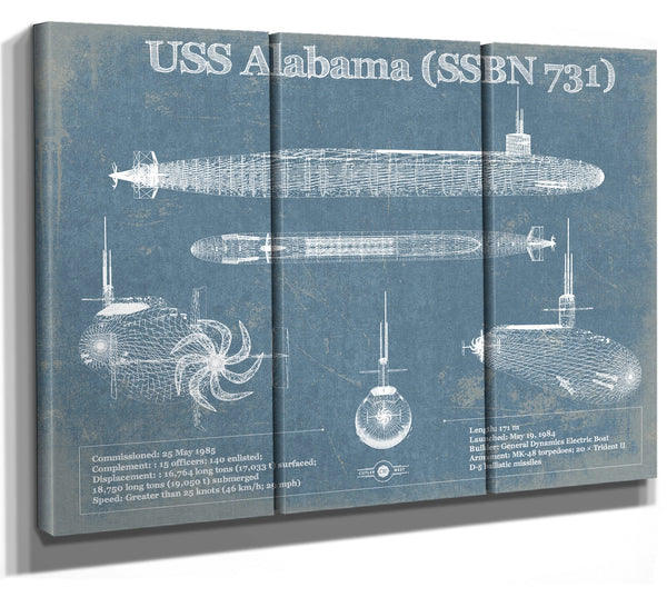 36" x 24" / 3 Panel Canvas Wrap Cutler West USS Alabama (SSBN-731) Blueprint Original Military Wall Art - Customizable