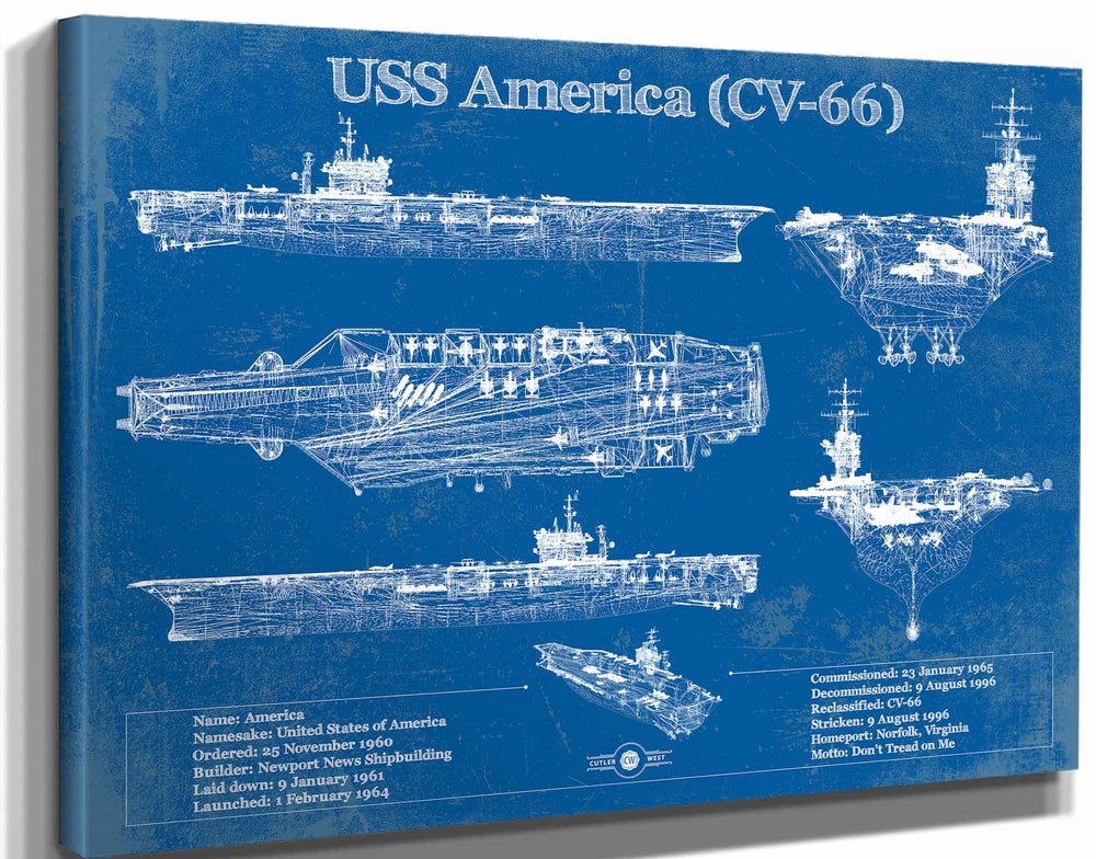 14" x 11" / Stretched Canvas Wrap Cutler West USS America (CV-66) Aircraft Carrier Blueprint Original Military Wall Art