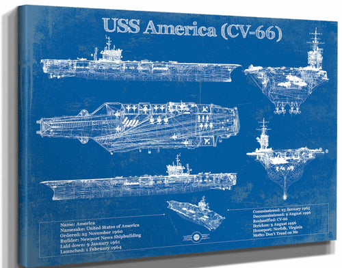 14" x 11" / Stretched Canvas Wrap Cutler West USS America (CV-66) Aircraft Carrier Blueprint Original Military Wall Art