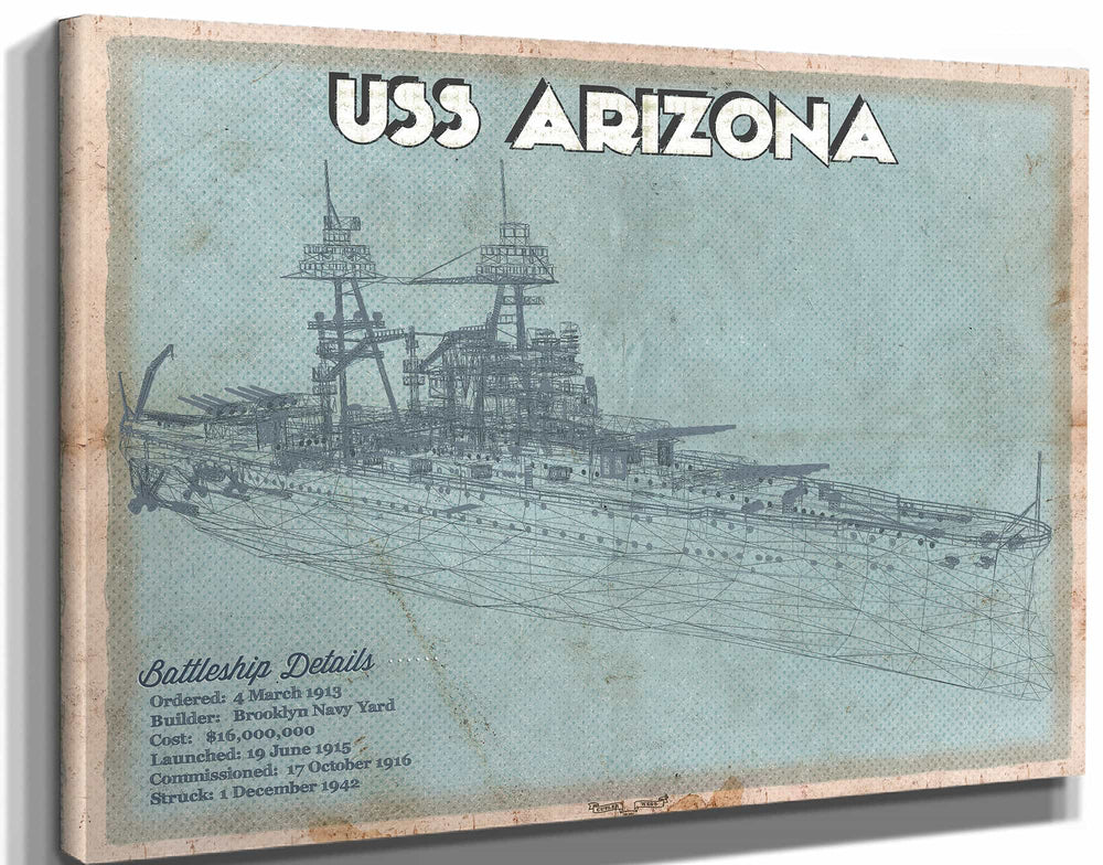 14" x 11" / Stretched Canvas Wrap Cutler West USS Arizona WWII Battleship Blueprint Military Print