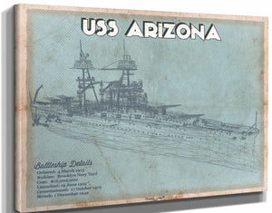 14" x 11" / Stretched Canvas Wrap Cutler West USS Arizona WWII Battleship Blueprint Military Print