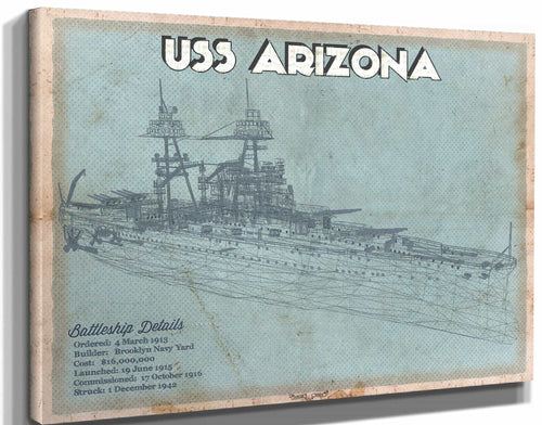 14" x 11" / Stretched Canvas Wrap Cutler West USS Arizona WWII Battleship Blueprint Military Print
