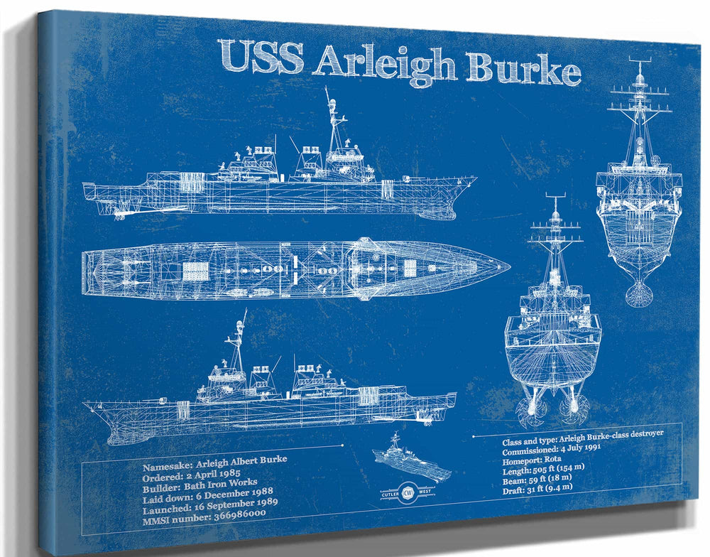 14" x 11" / Stretched Canvas Wrap Cutler West USS Arleigh Burke (DDG-51) Arleigh Burke-class Destroyer Blueprint Original Military Wall Art