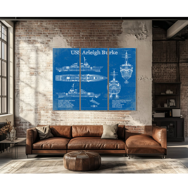 USS Arleigh Burke Arleigh Burke-class Destroyer Print as a 3 panel canvas wrap above a leather sofa