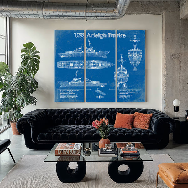 USS Arleigh Burke Arleigh Burke-class Destroyer Print as a 3 panel canvas wrap in a modern living room