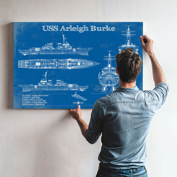 USS Arleigh Burke Arleigh Burke-class Destroyer Print framed in Vintage Black above a mid-century record console