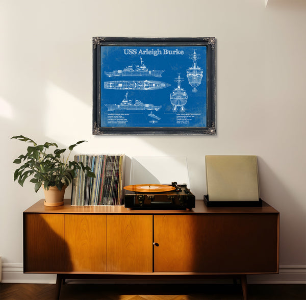 USS Arleigh Burke Arleigh Burke-class Destroyer Print framed in Vintage Black in a loft bedroom