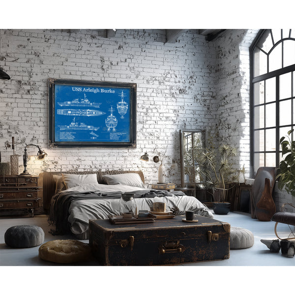 USS Arleigh Burke Arleigh Burke-class Destroyer Print framed in Vintage Black in a farmhouse entryway