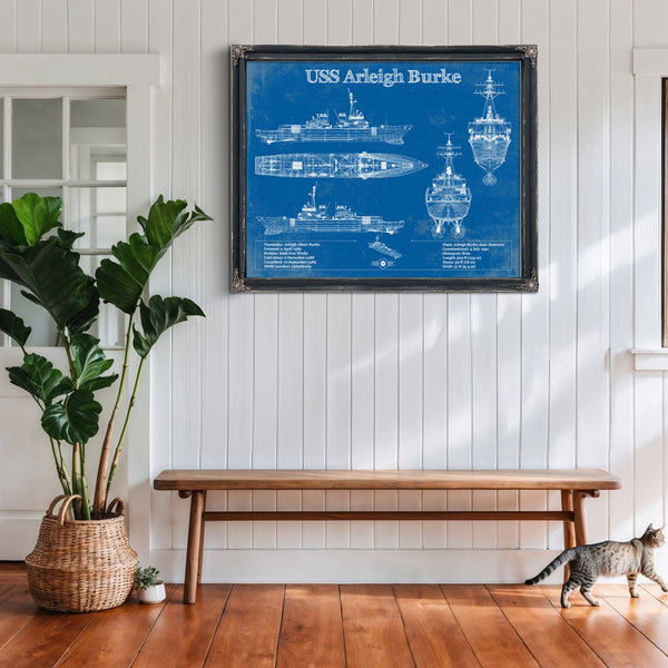 USS Arleigh Burke Arleigh Burke-class Destroyer Print framed in Vintage Black above a rustic console table