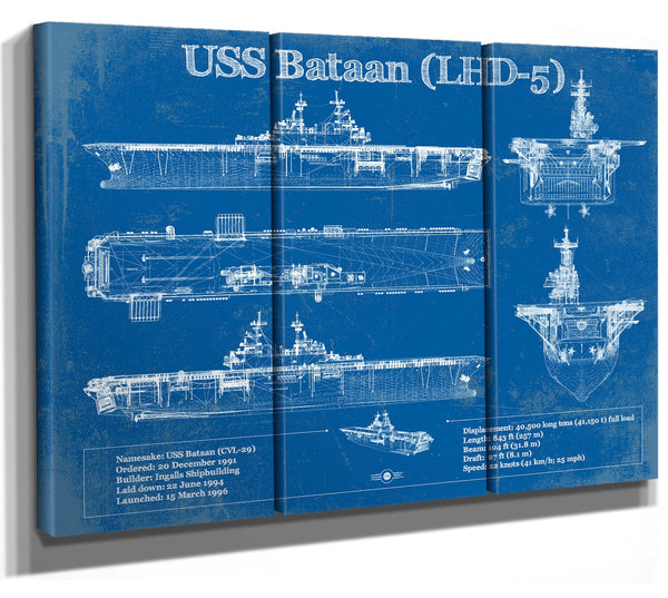 36" x 24" / 3 Panel Canvas Wrap Cutler West USS Bataan (LHD-5) Aircraft Carrier Blueprint Original Military Wall Art - Customizable