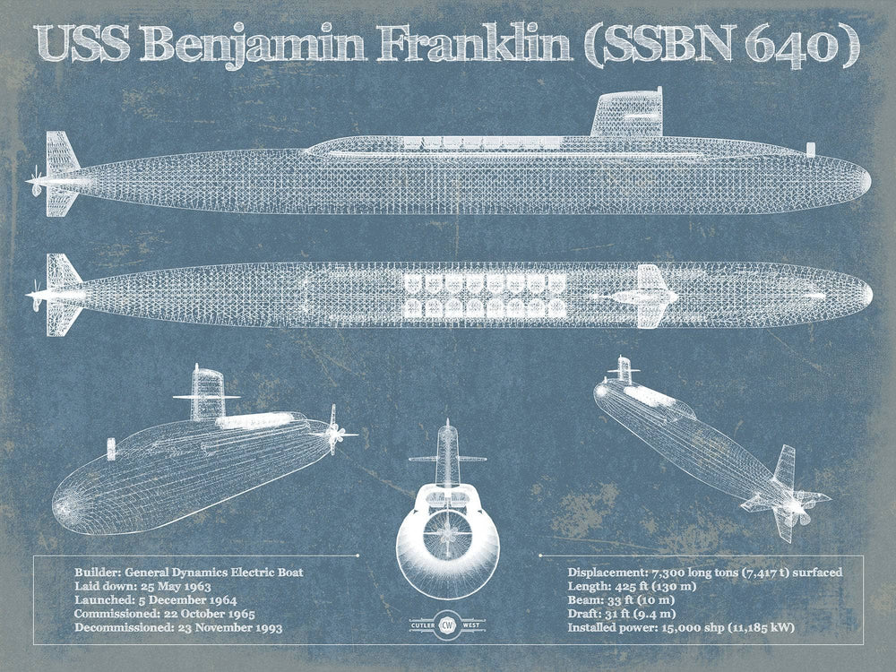 14" x 11" / Stretched Canvas Wrap Cutler West USS Benjamin Franklin (SSBN 640) Blueprint Original Military Wall Art - Customizable