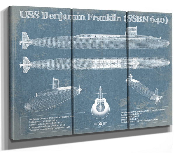 36" x 24" / 3 Panel Canvas Wrap Cutler West USS Benjamin Franklin (SSBN 640) Blueprint Original Military Wall Art - Customizable