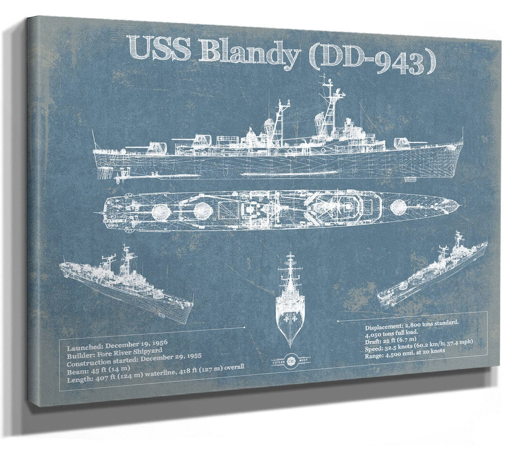 14" x 11" / Stretched Canvas Wrap Cutler West USS Blandy (DD-943) Forrest Sherman-class Destroyer Blueprint Original Military Wall Art - Customizable